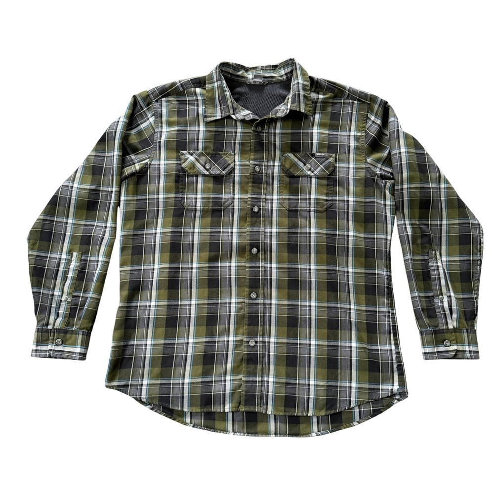Eddie Bauer Mens Large Plaid Button Down Shirt Olive Green Long Sleeve Mesh Back